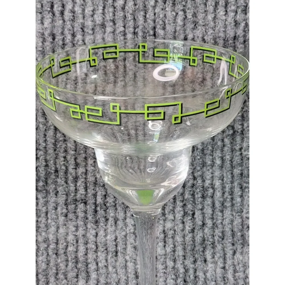 Set of 4 Margarita Glasses‎ Green Greek Key Rim Recipe Base Barware Stemware